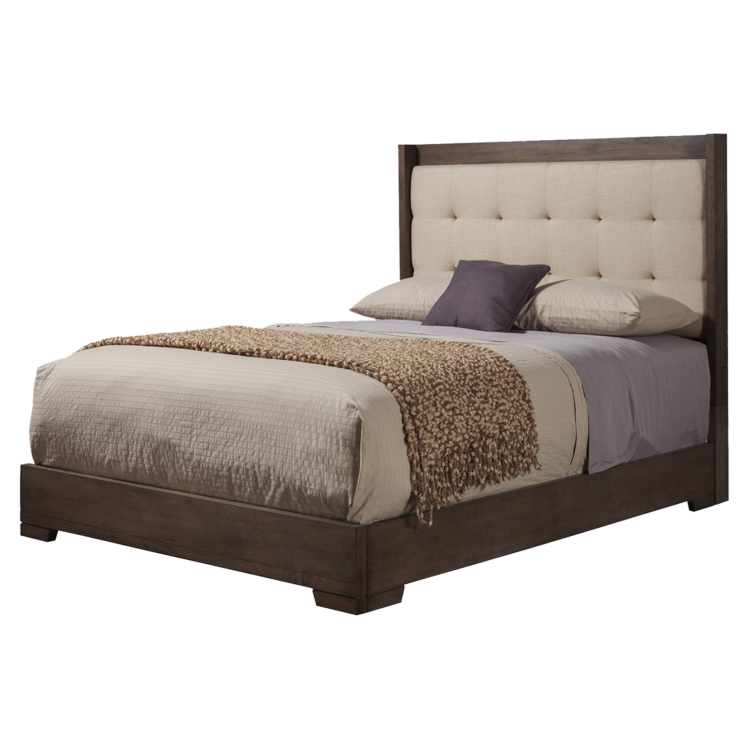 Savannah Platform Bed - Pecan, Tufted, Upholstered Headboard 