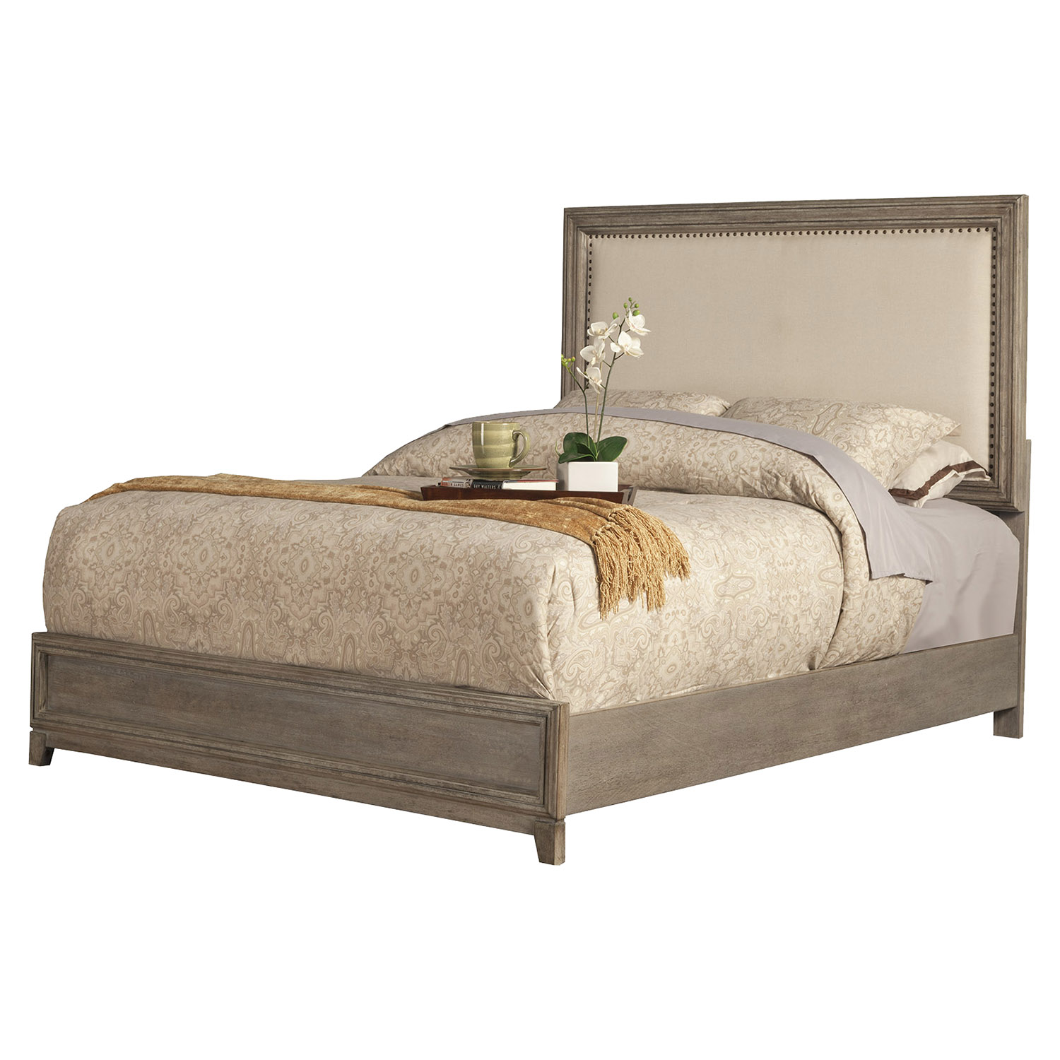 Camilla Panel Bed - Antique Gray, Upholstered Headboard, Nailheads 