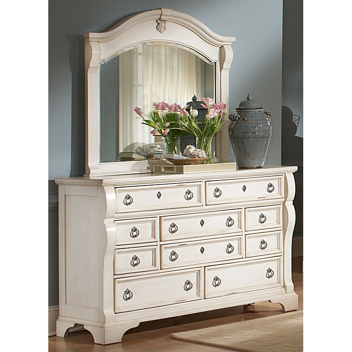 Heirloom Dresser and Mirror Set - Antique White, 10 Drawers 