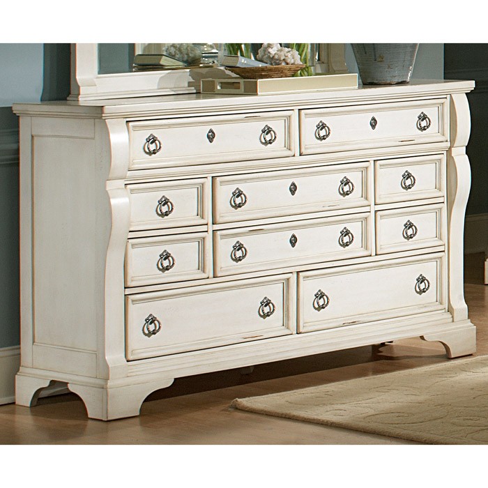 Heirloom Triple Dresser - Antique White, 10 Drawers, Pewter Rings 