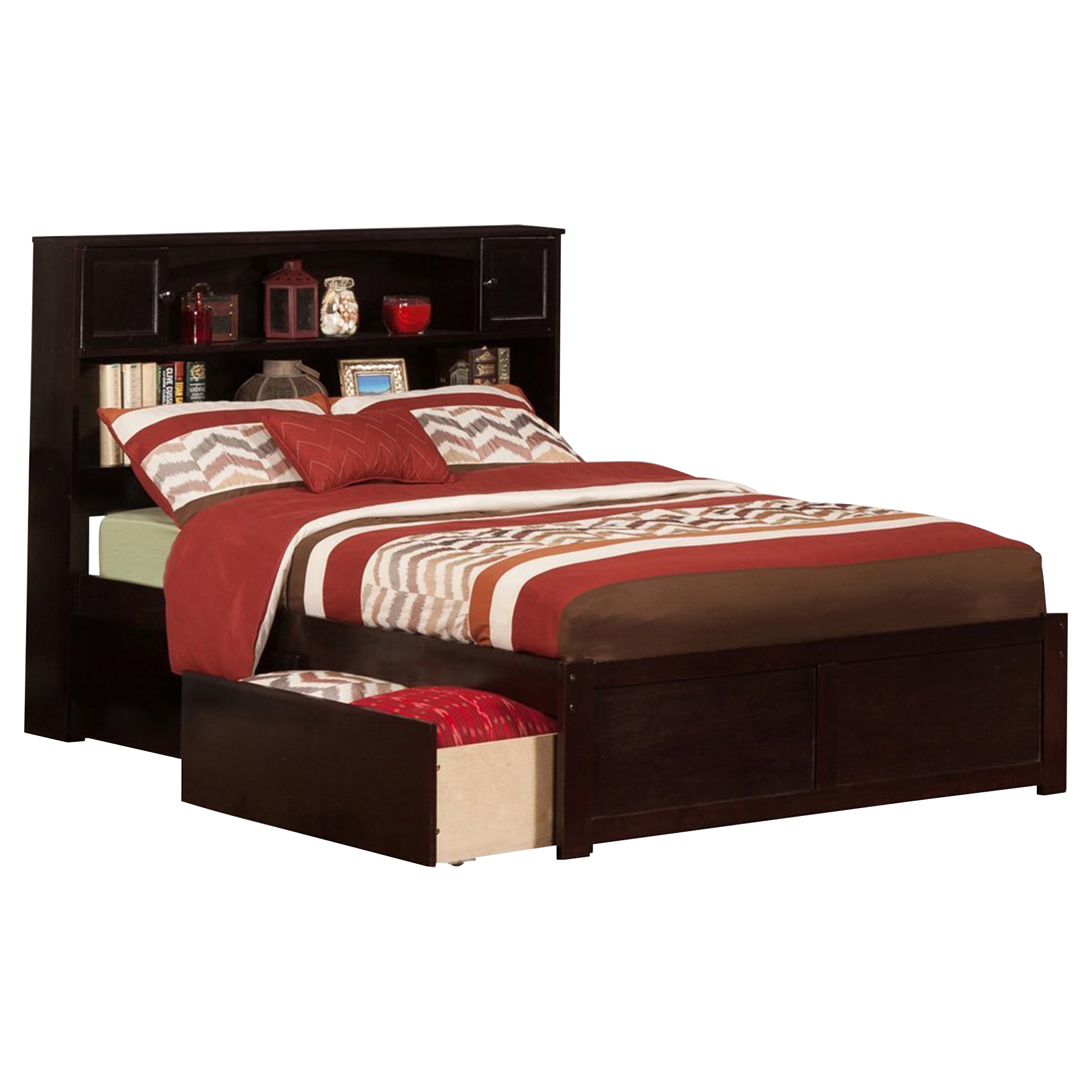 Newport Flat Panel Foot Board Bed - 2 Drawers, Platform, Bookcase Headboard 