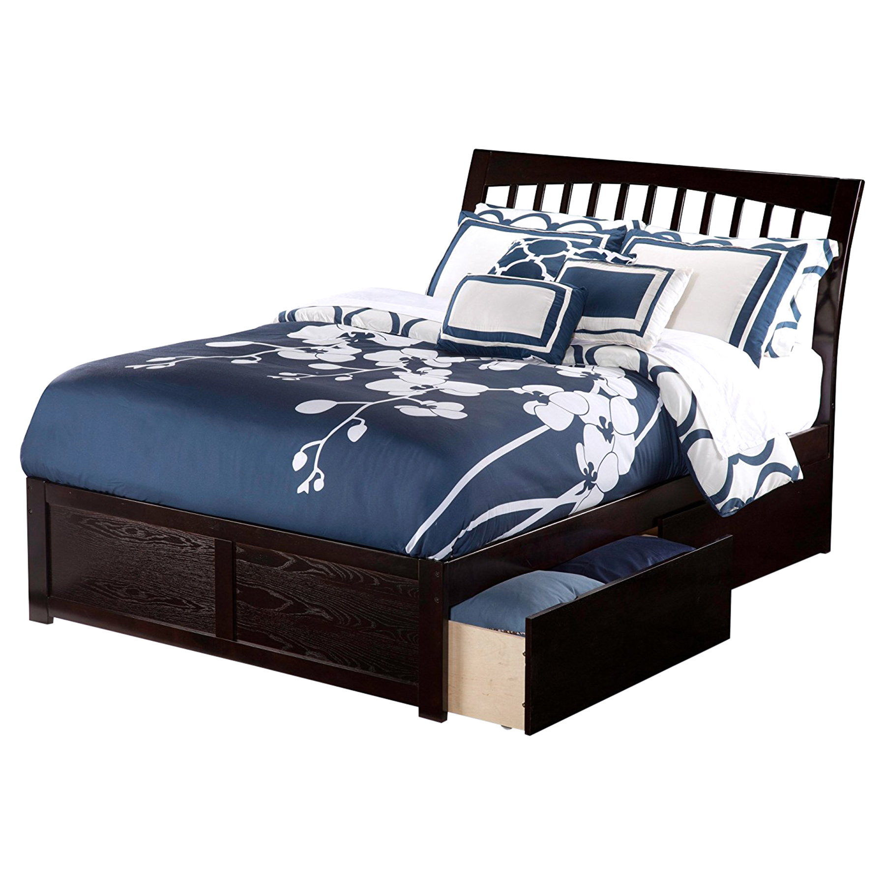 Orleans Wood Bed - Flat Panel Foot Board, 2 Urban Bed Drawers, Espresso 