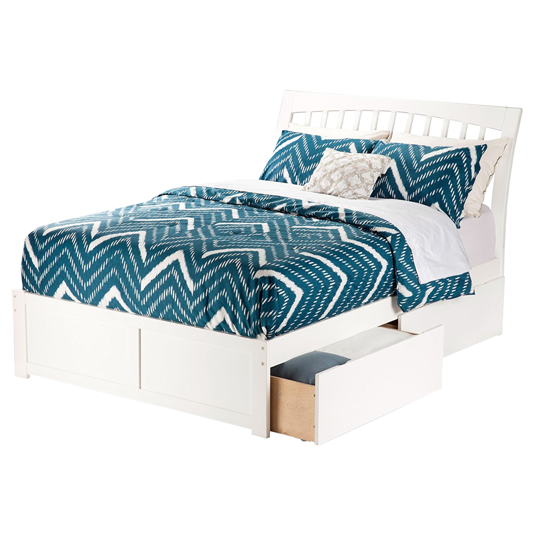 Orleans Wood Bed - Flat Panel Foot Board, 2 Urban Bed Drawers, White 