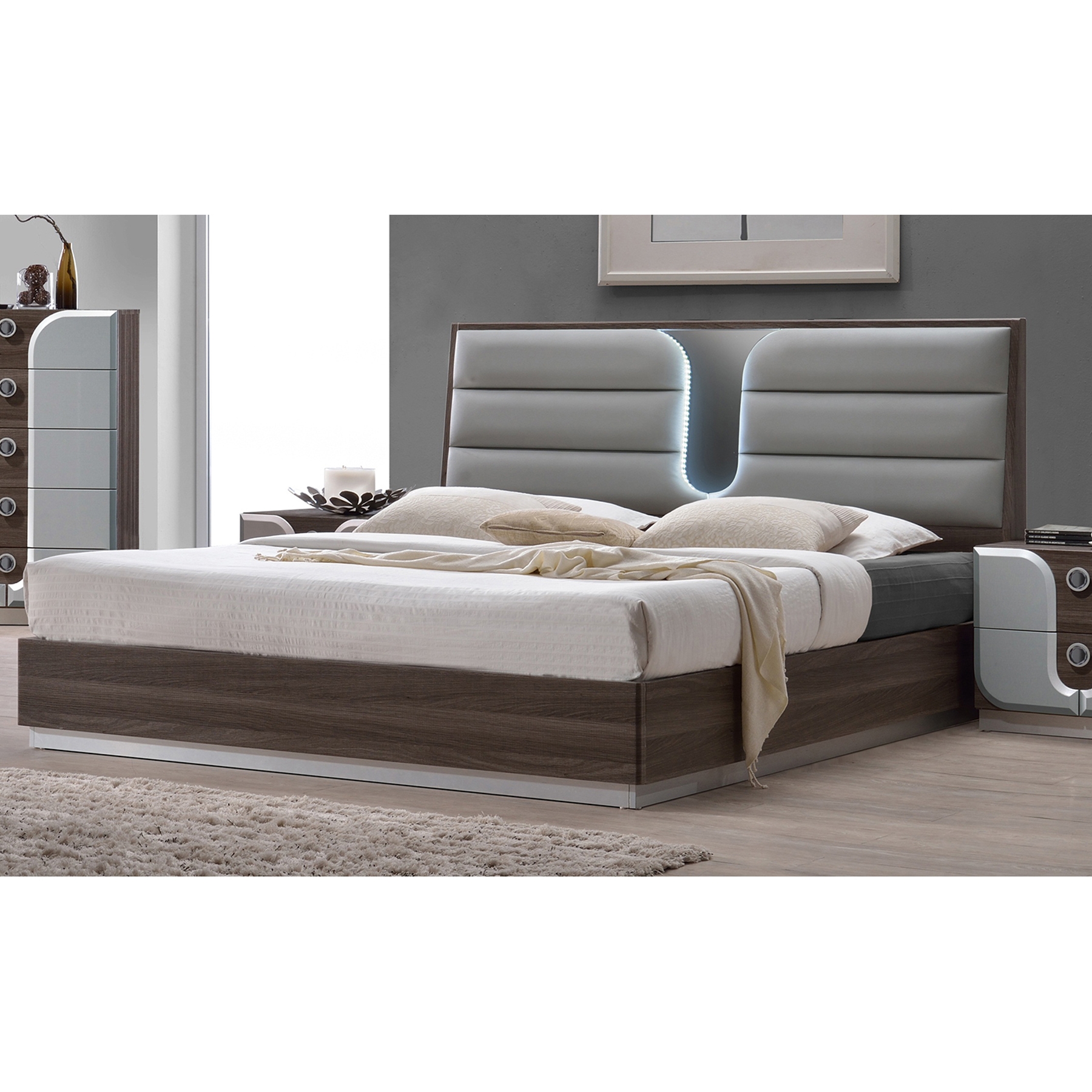 London Platform Bed - Upholstered Headboard, LED Light, Beige 