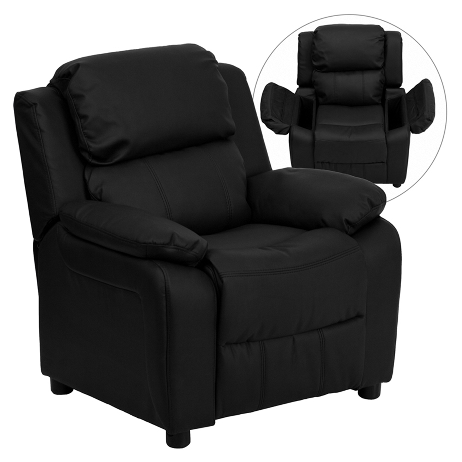 Deluxe Padded Upholstered Kids Recliner - Storage Arms, Black 