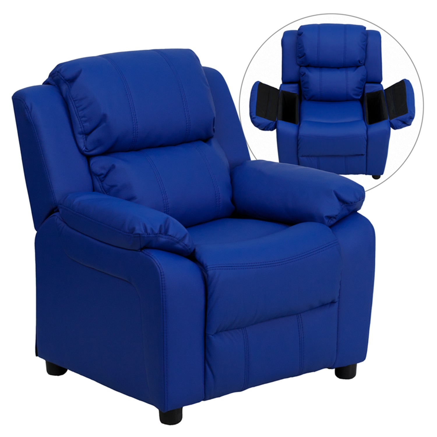 Deluxe Padded Upholstered Kids Recliner - Storage Arms, Blue 