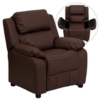 Deluxe Padded Upholstered Kids Recliner - Storage Arms, Brown 
