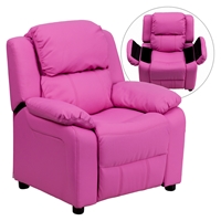 Deluxe Padded Upholstered Kids Recliner - Storage Arms, Hot Pink 