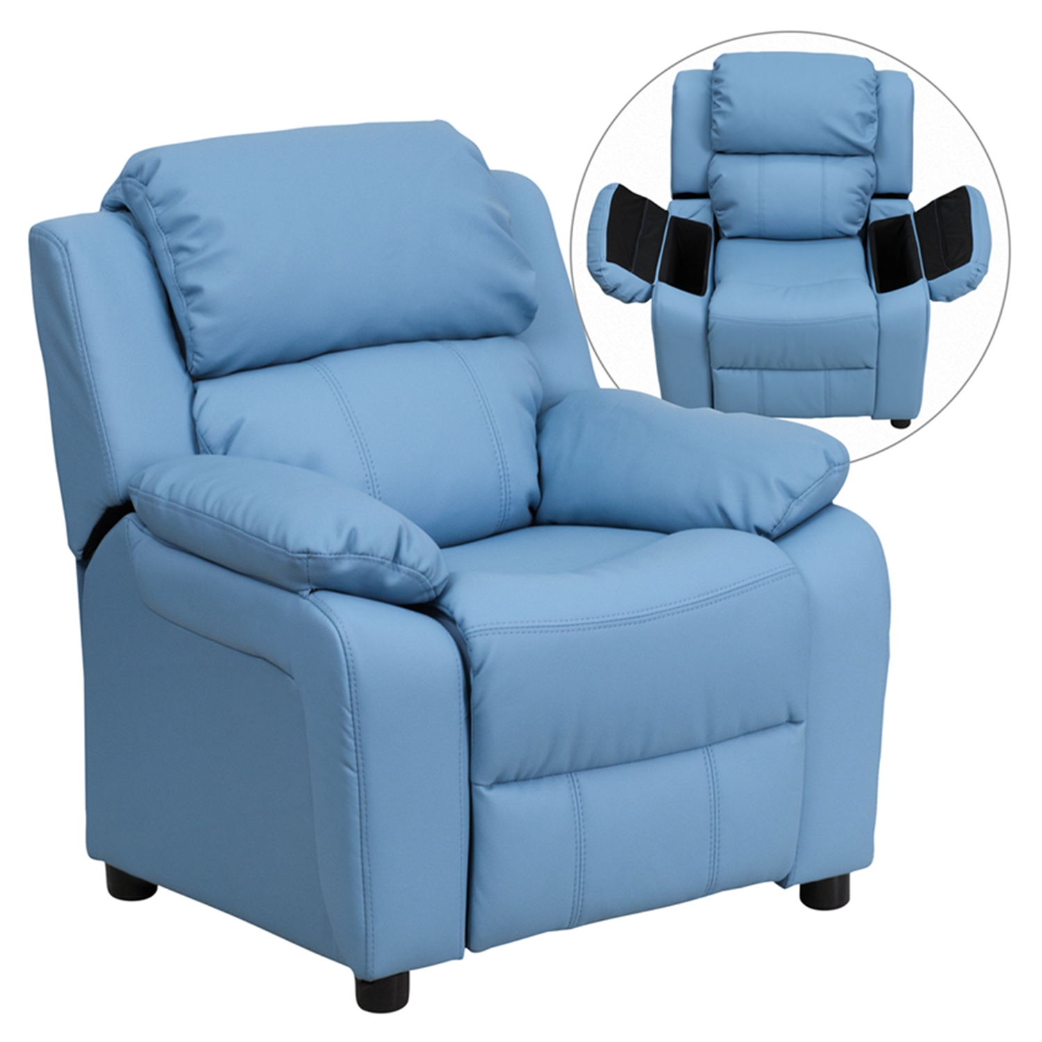 Deluxe Padded Upholstered Kids Recliner - Storage Arms, Light Blue 