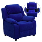 Deluxe Padded Upholstered Kids Recliner - Storage Arms, Blue, Microfiber