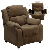 Deluxe Padded Upholstered Kids Recliner - Storage Arms, Brown, Microfiber 