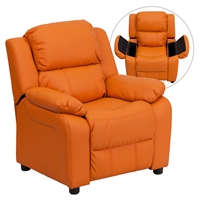 Deluxe Padded Upholstered Kids Recliner - Storage Arms, Orange 