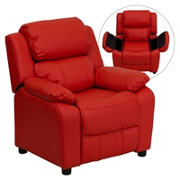 Deluxe Padded Upholstered Kids Recliner - Storage Arms, Red 