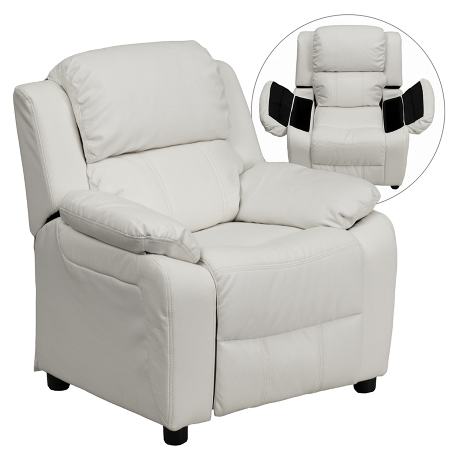 Deluxe Padded Upholstered Kids Recliner - Storage Arms, White 