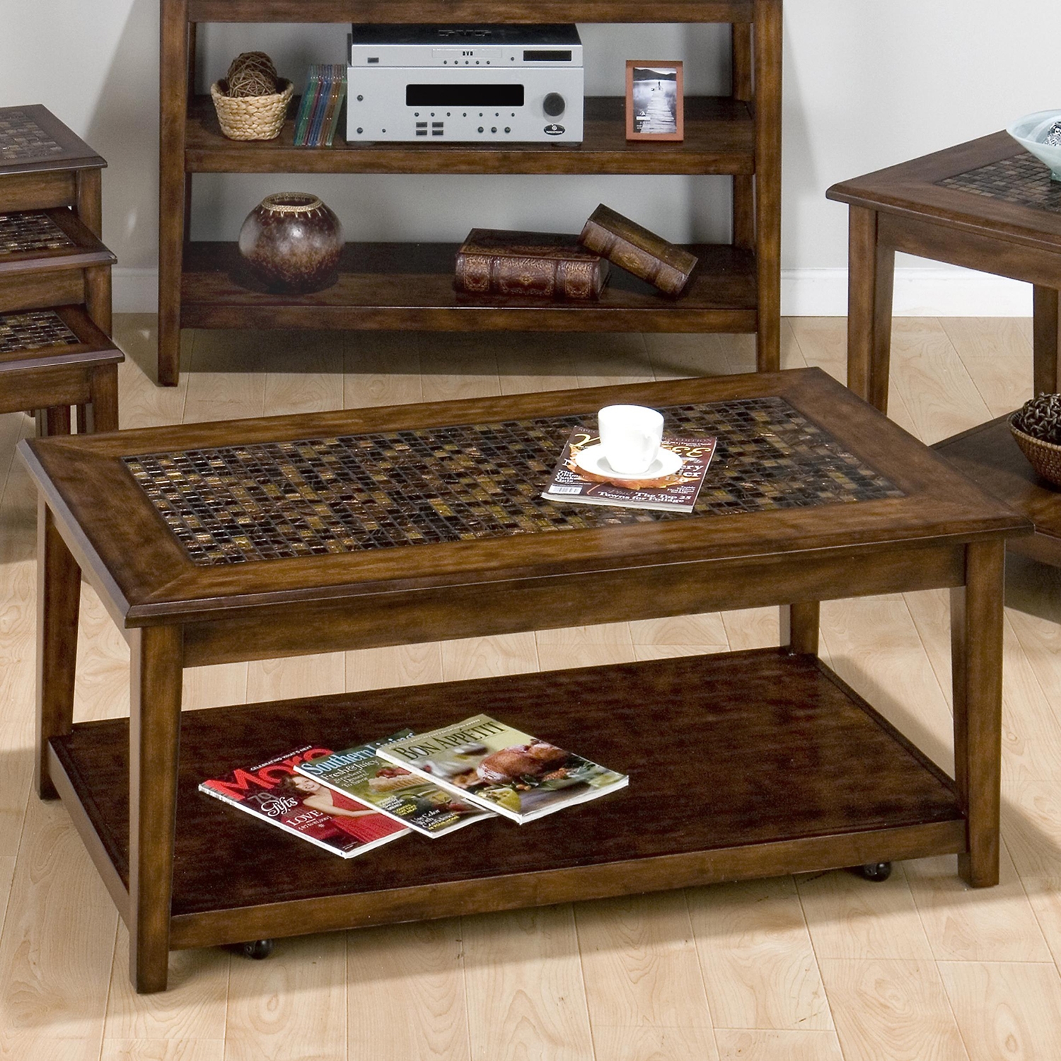 Baroque Cocktail Table - Mosaic Tile Inlay, Hidden Casters, Brown 