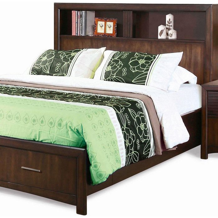 Edison Queen Storage Bed - Bookcase Headboard, Java Oak 