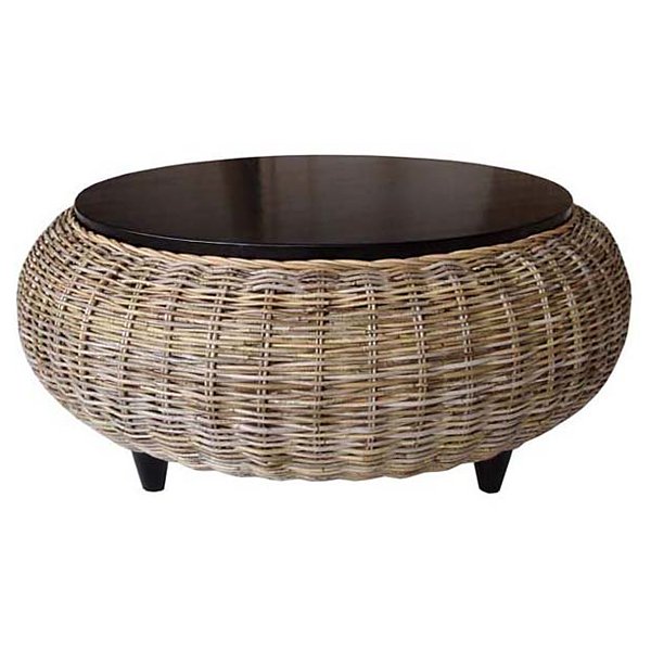 Paradise Round Coffee Table - Wood Top, Gray Kubu Wicker 