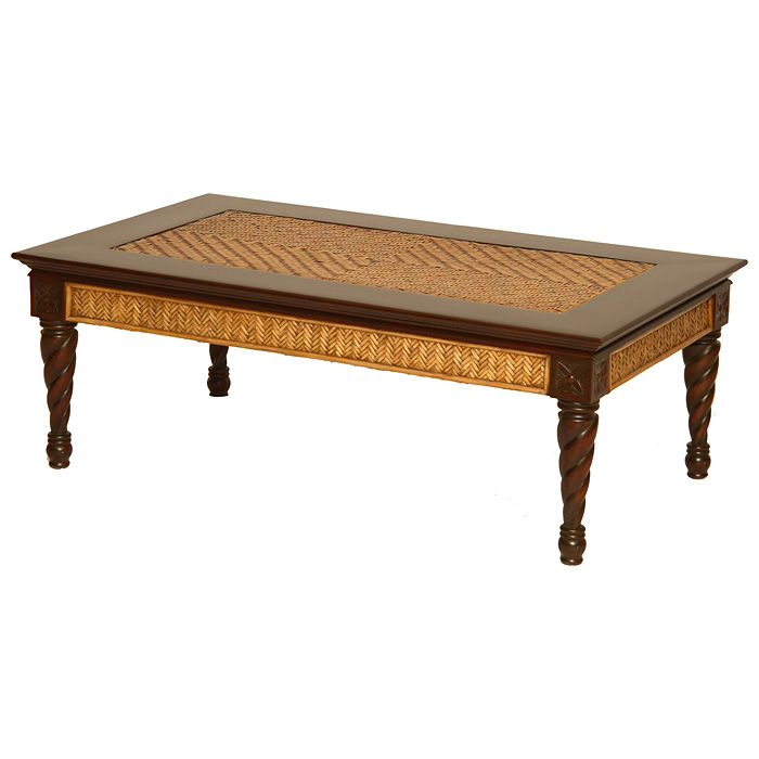 Trinidad Coffee Table - Rattan Weave, Mahogany Legs 