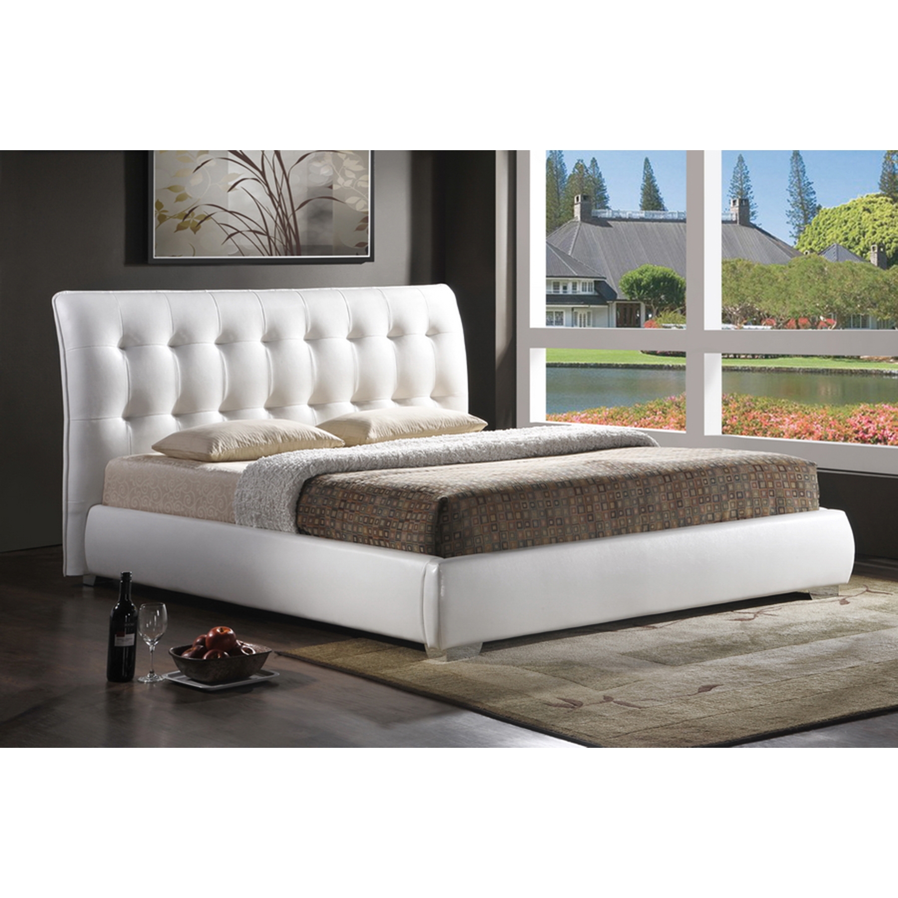 Jeslyn Platform Bed - Tufted Headboard, White 