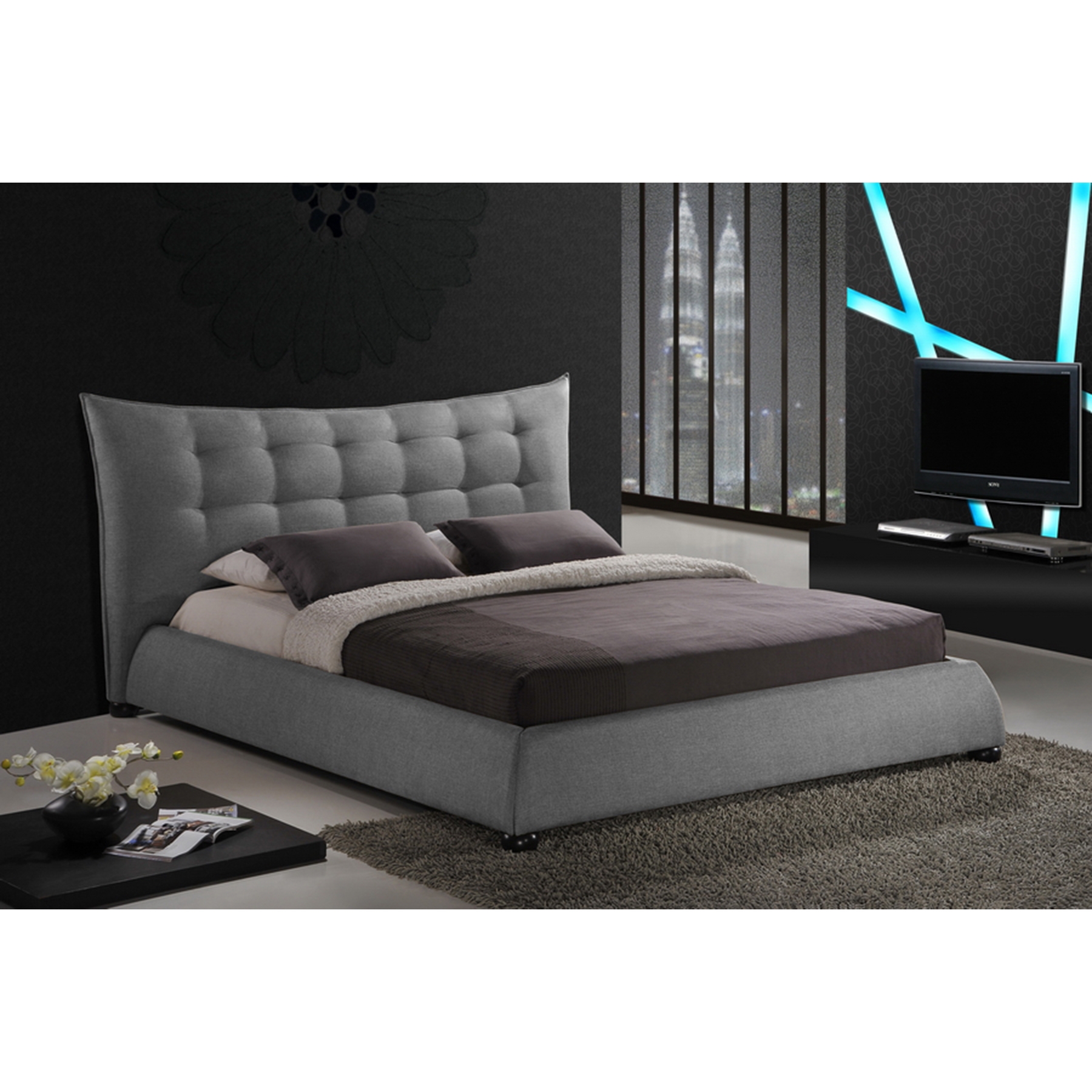 Marguerite Linen Platform Bed - Tufted, Gray 