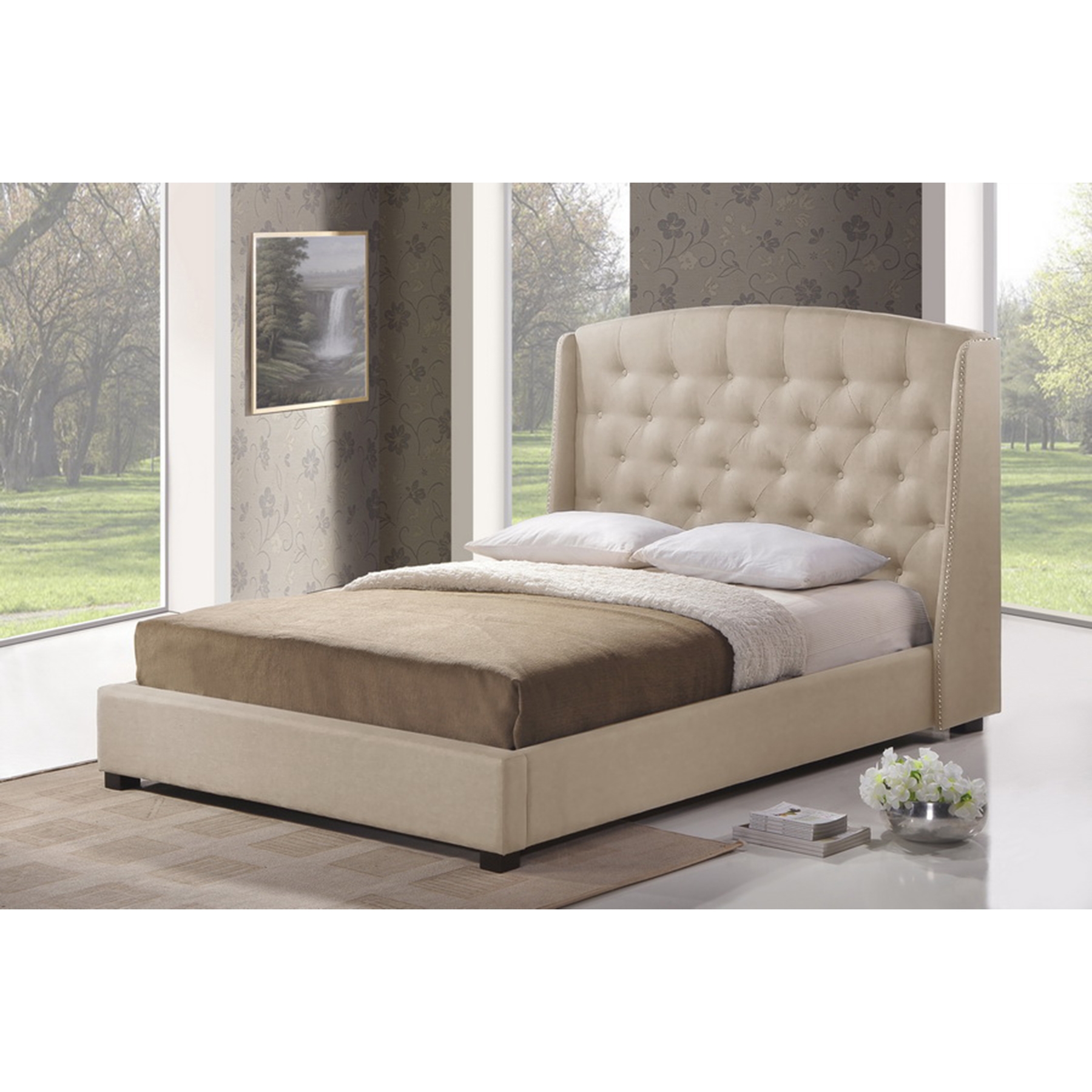 Ipswich Linen Platform Bed - Button Tufted, Light Beige 