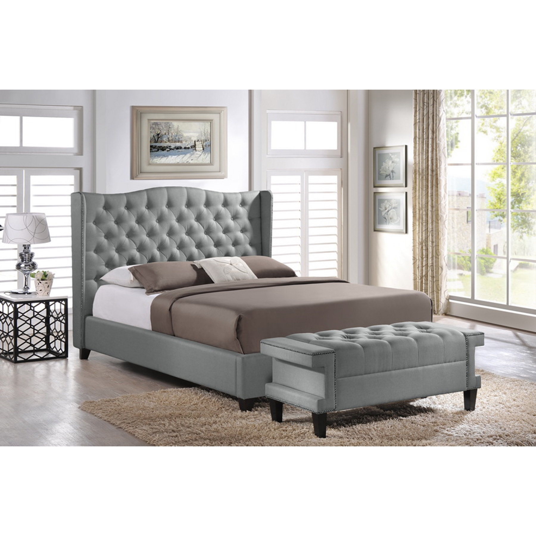 Norwich Linen Platform Bed - Bench, Button Tufted 