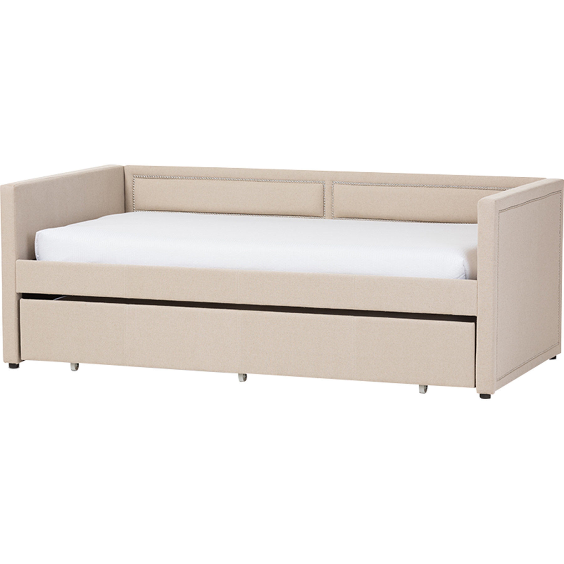Raymond Fabric Nailhead Twin Daybed - Roll-Out Trundle Bed, Beige 